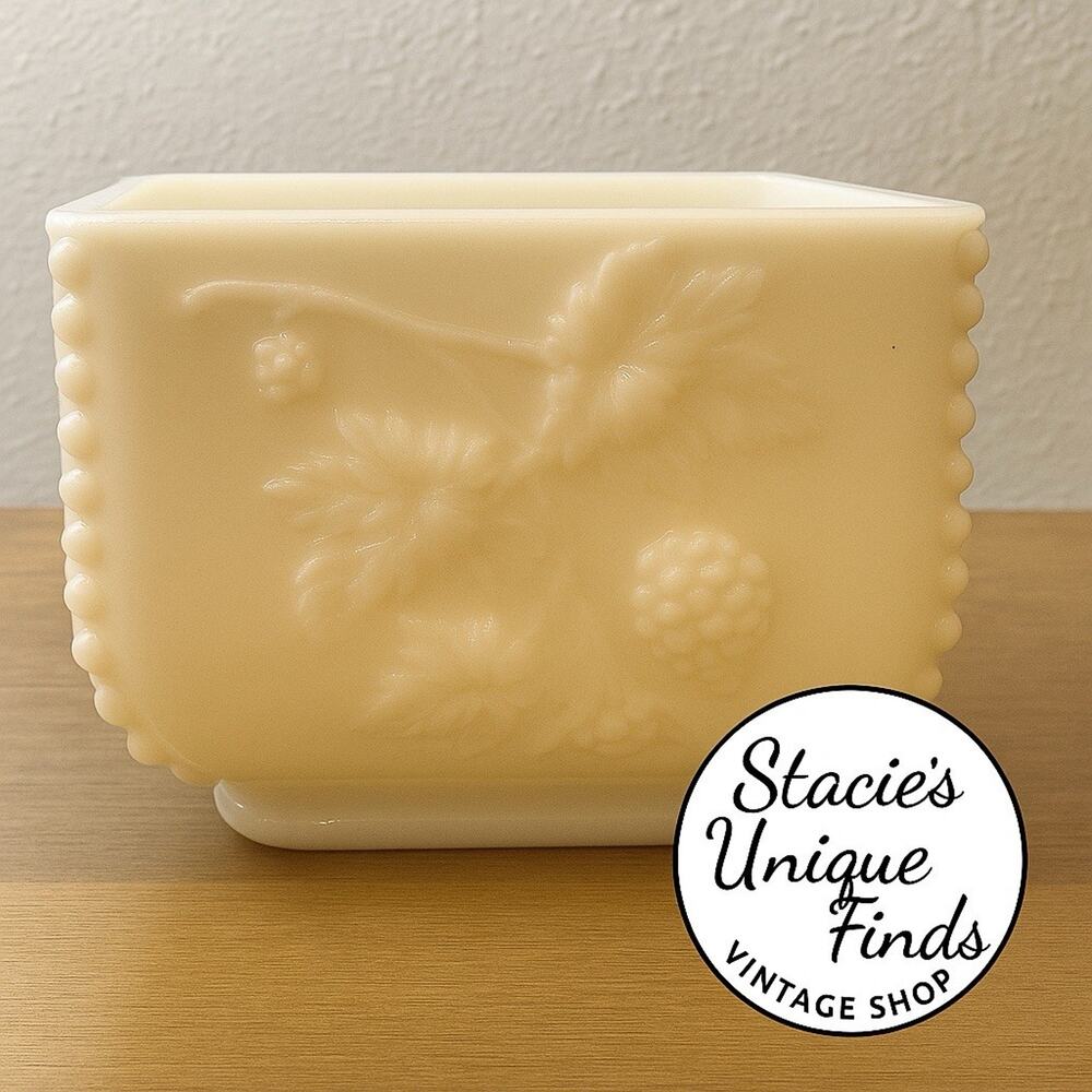 Vintage Milk Glass Blackberry Planter Square Beaded Edge 4.75” White